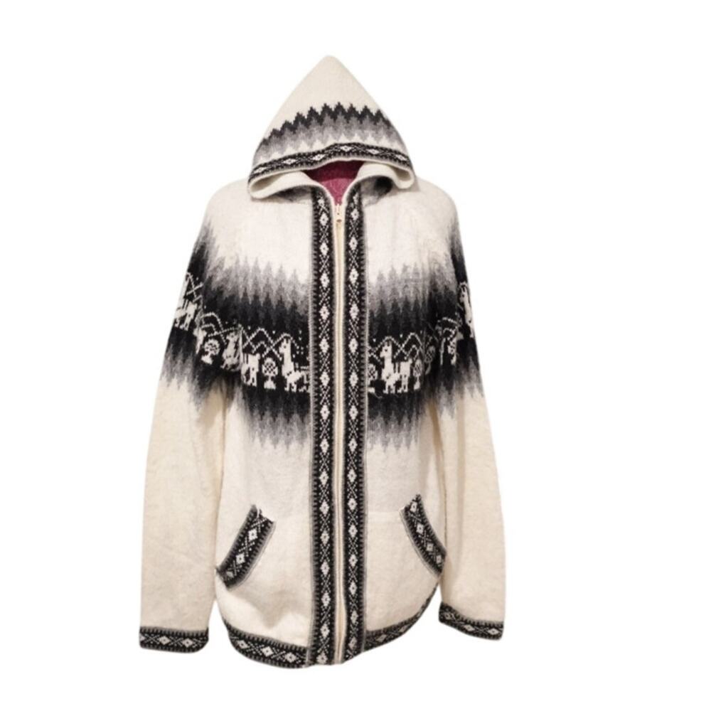 Unisex Alpaca Wool Little Lama Zipper Hoodie cream gray n black